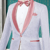 New Arrival Mixed Color Men Jacquard Suits Ivory White Black Burgundy with Shiny Lapel Groomsmen Wedding Tuxedo white pink